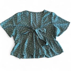 Floral Teal Blouse with Bow Detail